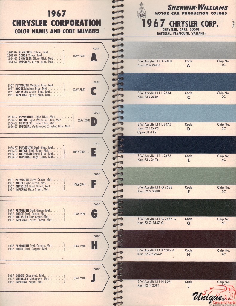 1967 Chrysler Paint Charts Williams 1